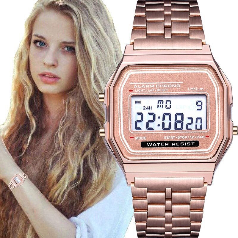 Fashion Casual 12/24 Stunden Led Display Countdown Stoppuhr Stahlband Wasserdichte Damen Digitaluhr