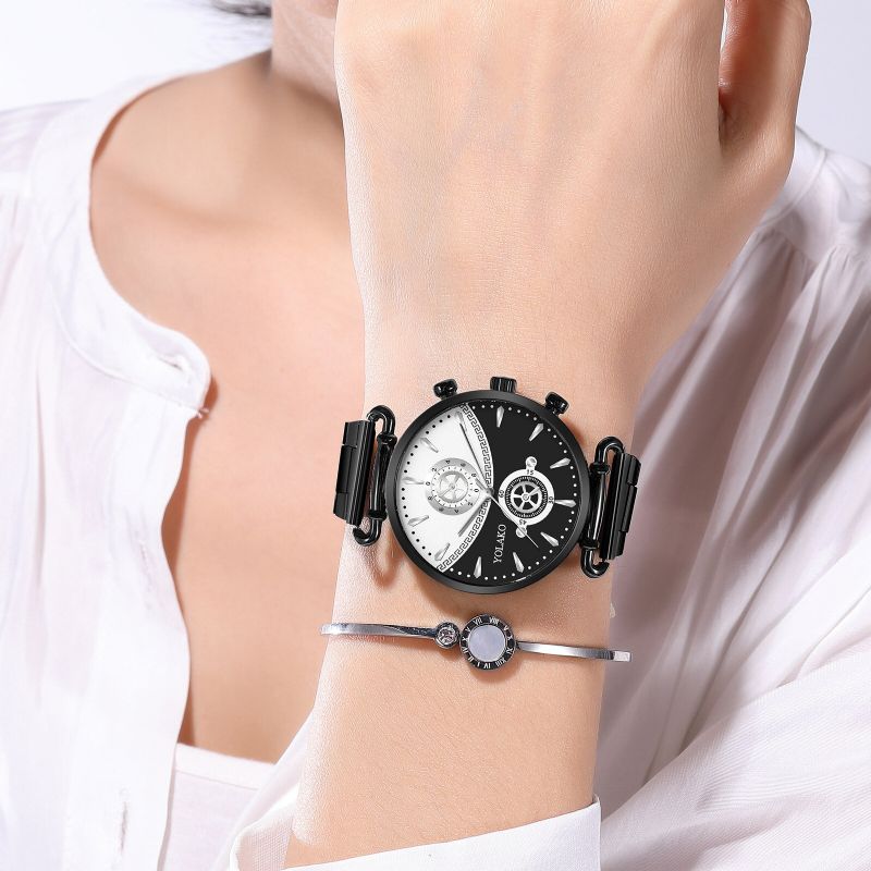 Fashion Casual Steel Alloy Mesh Strap Personality Gear Dial Quarzuhr Für Männer Frauen