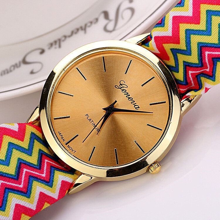 Fashion Chic Big Dial Striped Cloth Strap Damen Quarzuhr Armbanduhr