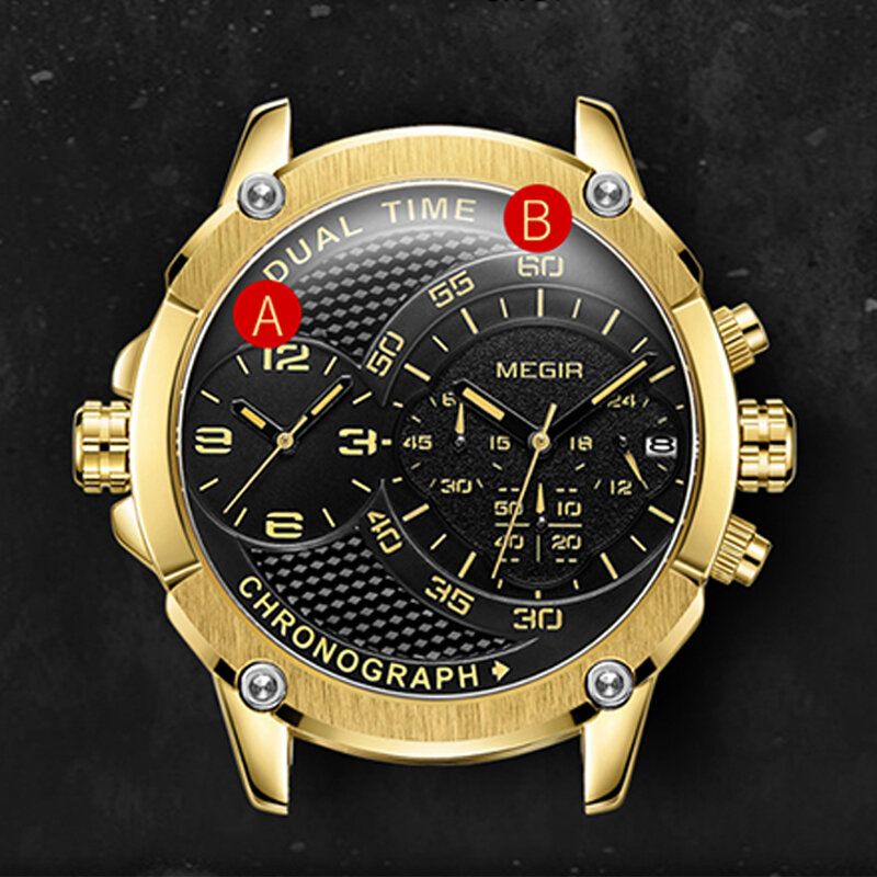 Fashion Double Time Zone Kalender Chronograph Luminous Herren Wasserdicht Armee Sport Lederband Quarzuhr