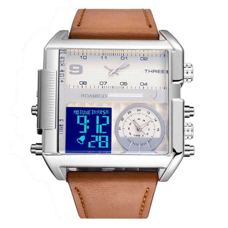 Fashion Herren Digitaluhr Creative Dial Week Month Display Chronograph 3 Zeitzonen Lederband Dual Display Uhr