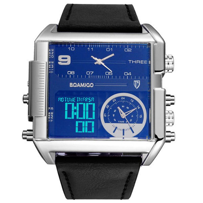 Fashion Herren Digitaluhr Creative Dial Week Month Display Chronograph 3 Zeitzonen Lederband Dual Display Uhr