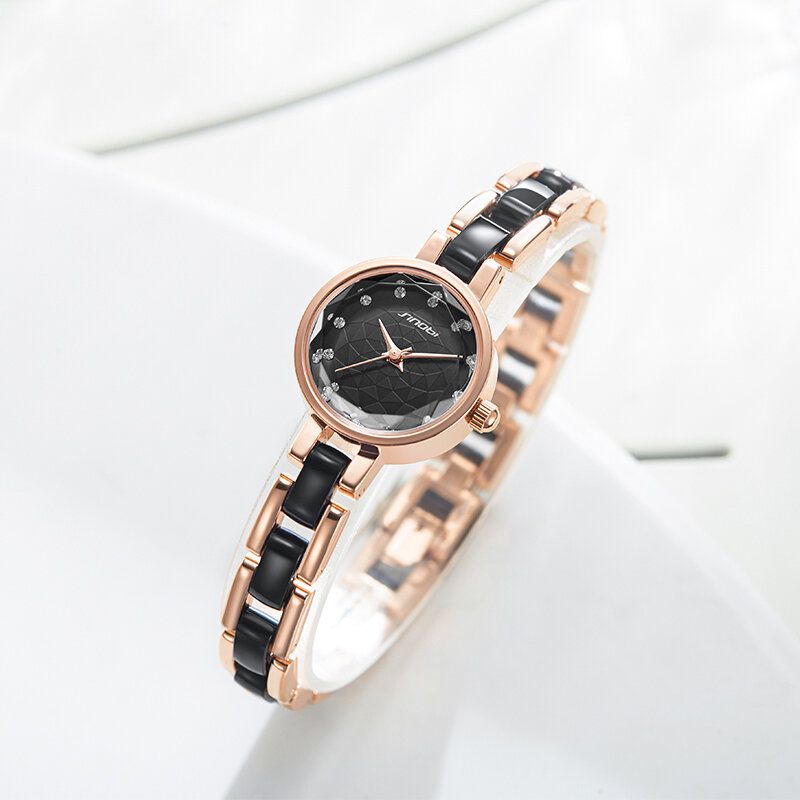 Frauen Einfache Dreipolige Crytal Diamonds Dial Mode Keramik Stahlband Quarzuhr