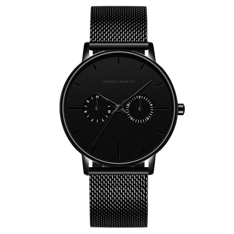 Hannah Martin Fashion Casual Mit Kalender Dual Dial Steel Mesh / Pu-lederband 3 Atm Wasserdichte Herren-quarzuhr