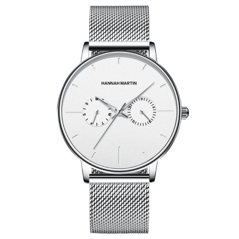 Hannah Martin Fashion Casual Mit Kalender Dual Dial Steel Mesh / Pu-lederband 3 Atm Wasserdichte Herren-quarzuhr