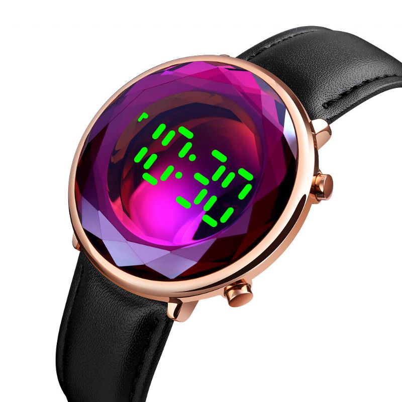 Kreatives Dreidimensionales Geschliffenes Glaszifferblatt Leuchtende Datumsanzeige Echtes Lederarmband Digitaluhr