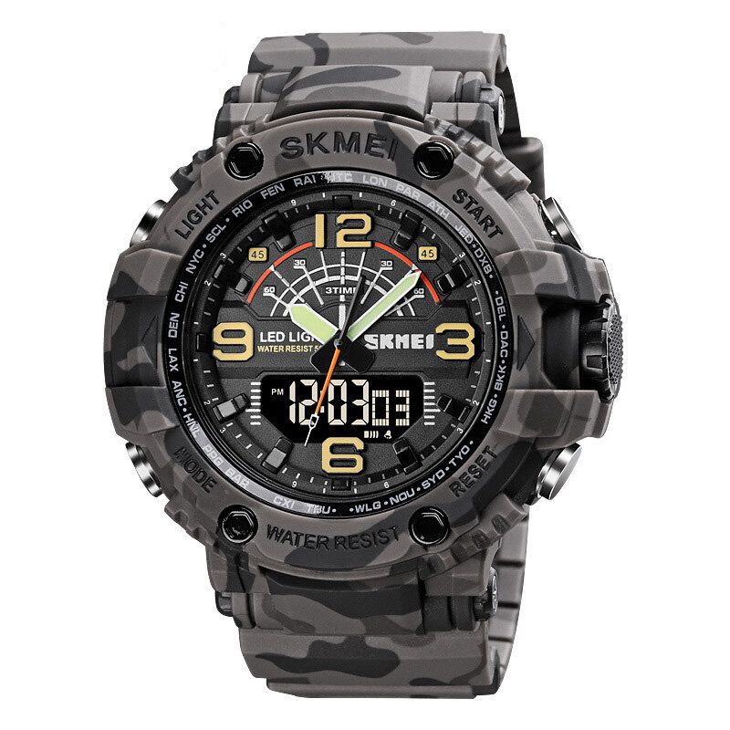 Led Light Sport Herren Digitaluhr 5 Atm Wasserdichte Stoppuhr Camouflage Dual Display Uhr