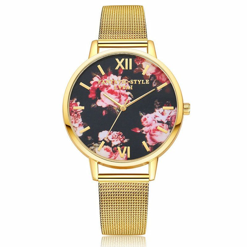 Maschen-stahlband-beiläufige Art-damen-armbanduhr-blumen-elegante Entwurfs-quarz-uhr