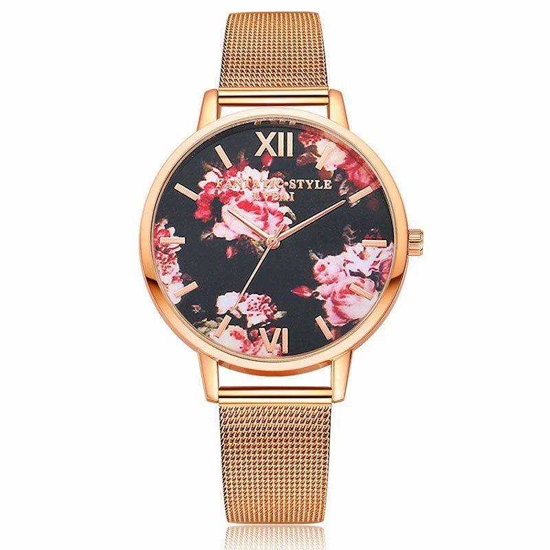 Maschen-stahlband-beiläufige Art-damen-armbanduhr-blumen-elegante Entwurfs-quarz-uhr