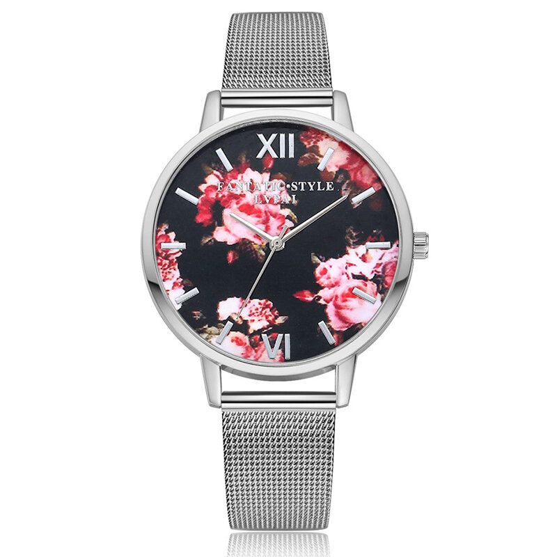 Maschen-stahlband-beiläufige Art-damen-armbanduhr-blumen-elegante Entwurfs-quarz-uhr