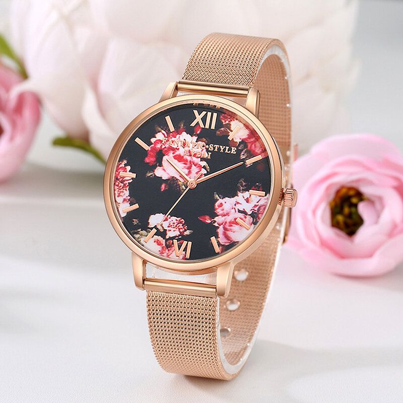 Maschen-stahlband-beiläufige Art-damen-armbanduhr-blumen-elegante Entwurfs-quarz-uhr