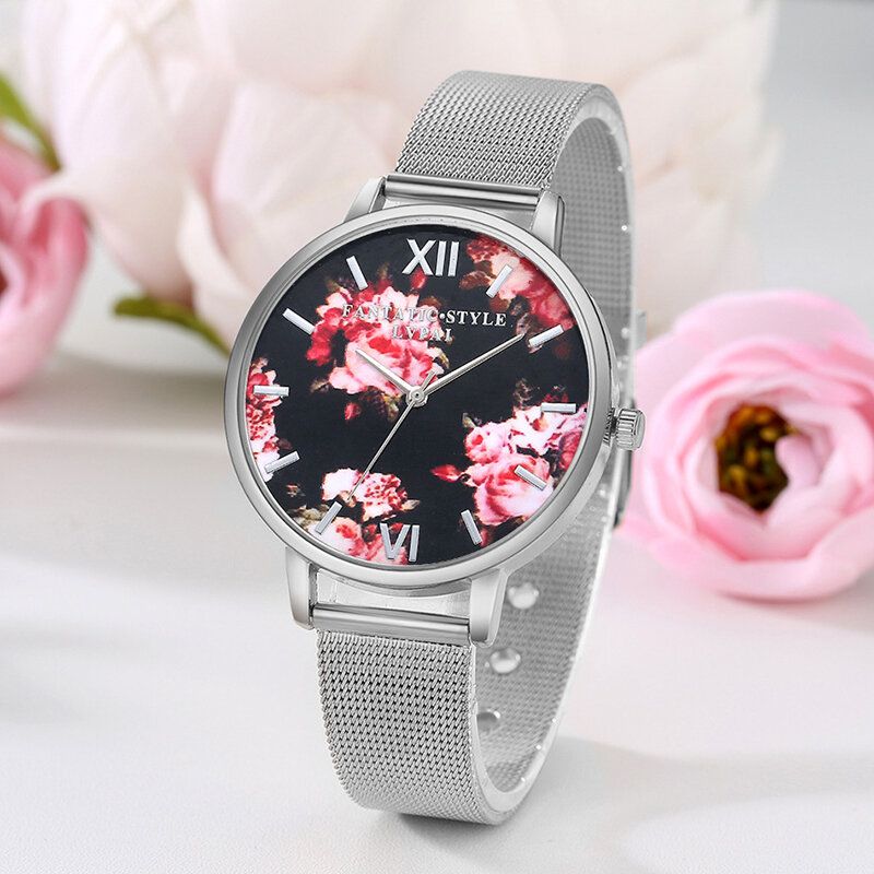 Maschen-stahlband-beiläufige Art-damen-armbanduhr-blumen-elegante Entwurfs-quarz-uhr