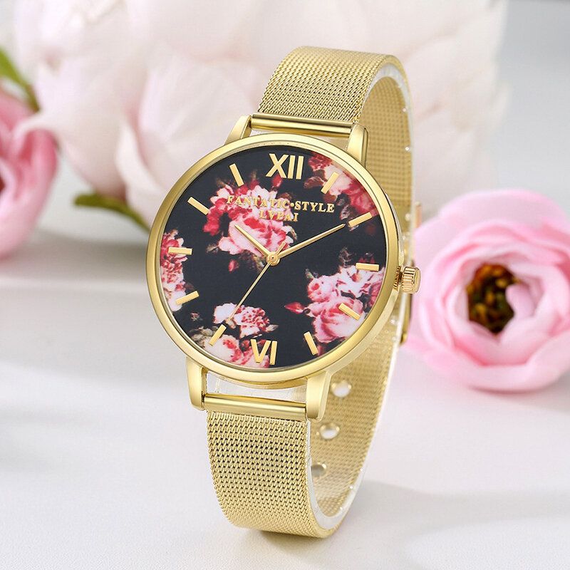 Maschen-stahlband-beiläufige Art-damen-armbanduhr-blumen-elegante Entwurfs-quarz-uhr