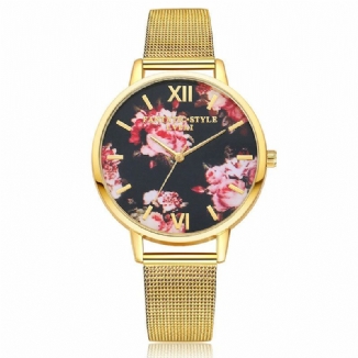 Maschen-stahlband-beiläufige Art-damen-armbanduhr-blumen-elegante Entwurfs-quarz-uhr