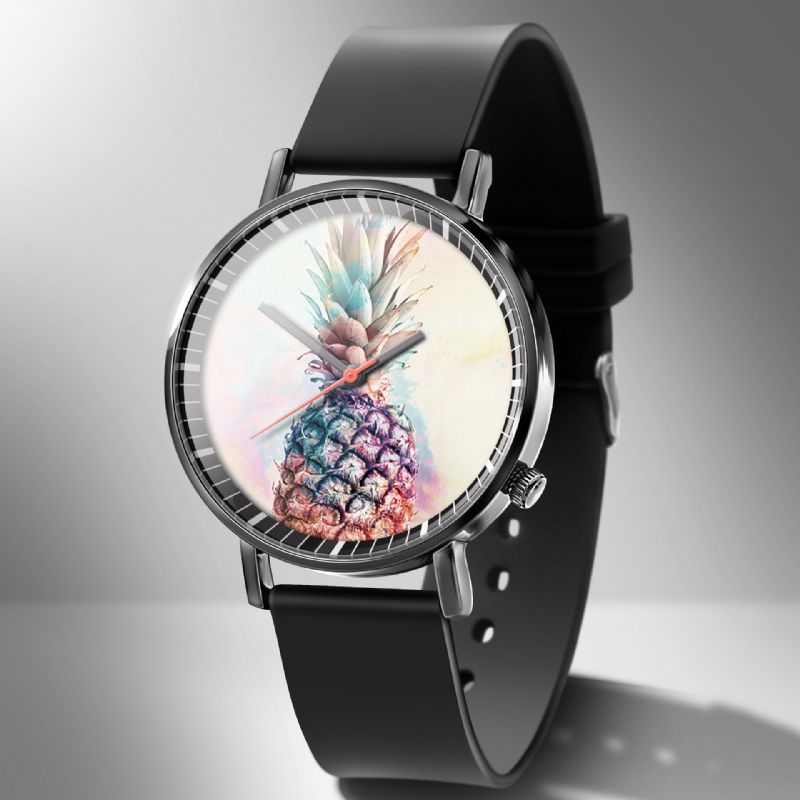 Mode-ananas-druck-uhr-sommer-frucht-legierungs-pvc-zufällige Dame-quarz-uhr