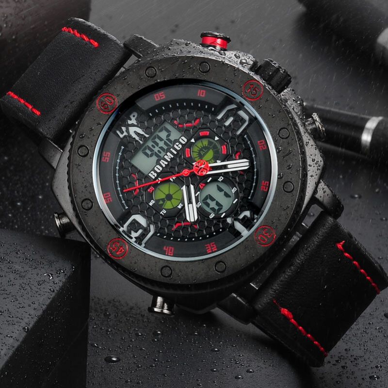 Mode Herren Digitaluhr Creative Dial Luminous Week Display Chronograph Led Dual Display Watch