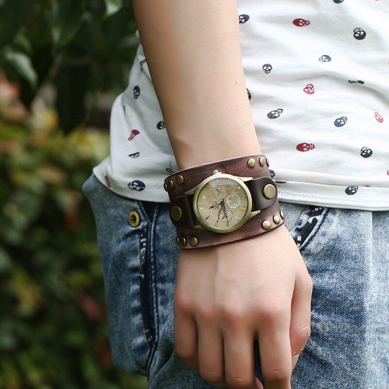 Mode-punkweinlese-echtes Leder-mann-quarz-uhr-armband-uhr