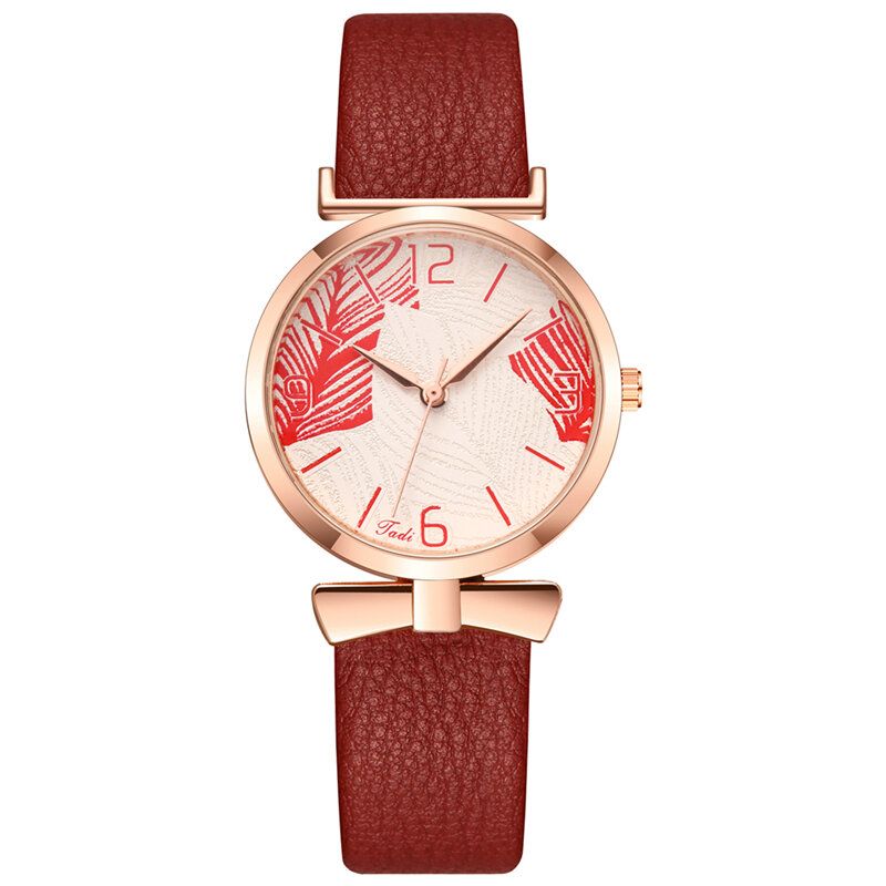 Modische Lustige Modische Frauen-uhr-baum-muster-vorwahlknopf-rosen-goldlegierungs-kasten-leder-band-quarz-uhr