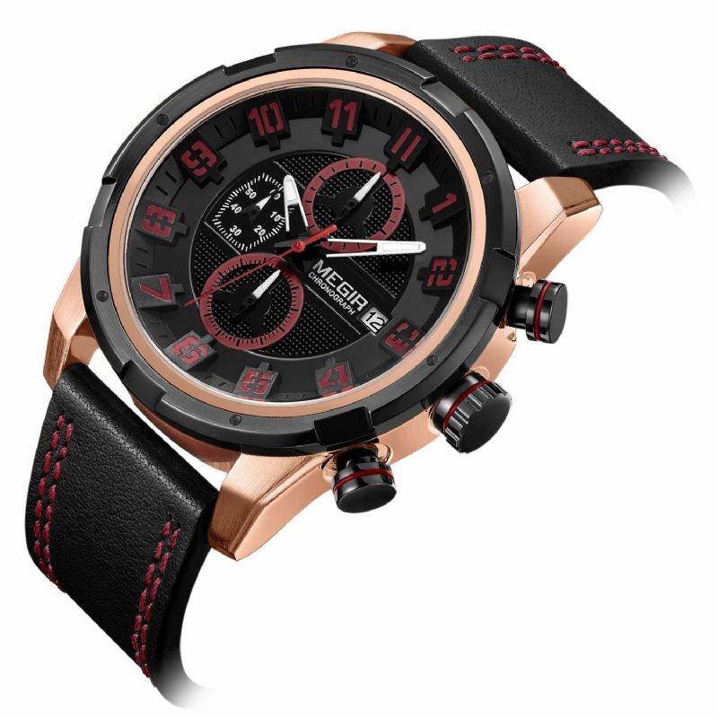 Multifunktionsanzeige Des Zifferblatt-3d Sport-mann-armbanduhr-echtes Leder-band-quarz-uhr