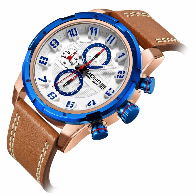 Multifunktionsanzeige Des Zifferblatt-3d Sport-mann-armbanduhr-echtes Leder-band-quarz-uhr