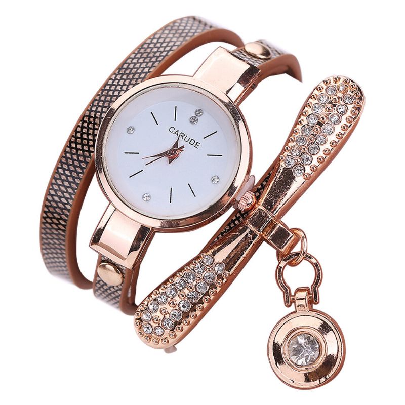 Retro Pu-bügel-mehrschichtige Dame-uhr-metallgeometrische Rhinestone-bogen-hängende Frauen-quarz-uhr