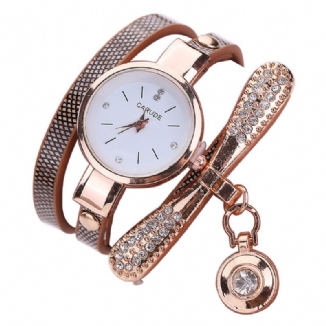 Retro Pu-bügel-mehrschichtige Dame-uhr-metallgeometrische Rhinestone-bogen-hängende Frauen-quarz-uhr