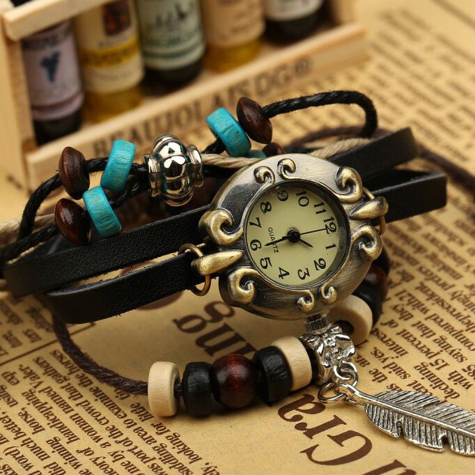 Retro-stil Vintage Rindsleder Multi-layer-quarzuhr Weave Feder Anhänger Lederarmband Uhr