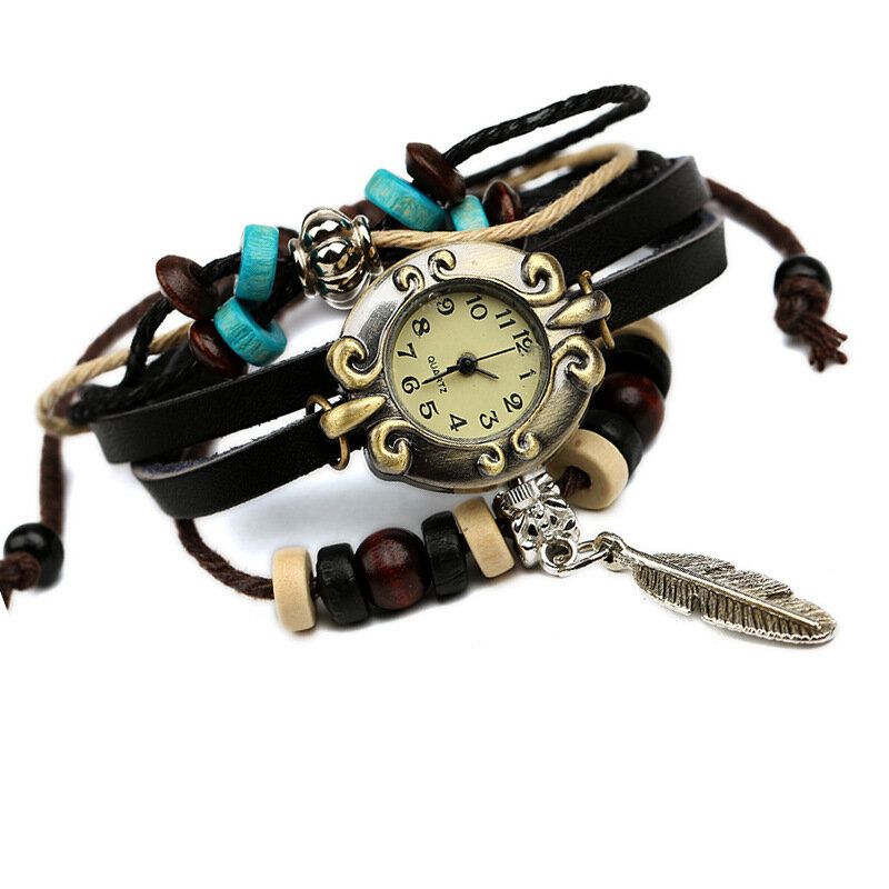 Retro-stil Vintage Rindsleder Multi-layer-quarzuhr Weave Feder Anhänger Lederarmband Uhr