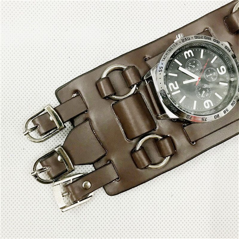 Vintage-leder-herrenuhr Mit Verstellbarer Breite Band Drei Schließe Quarzuhr