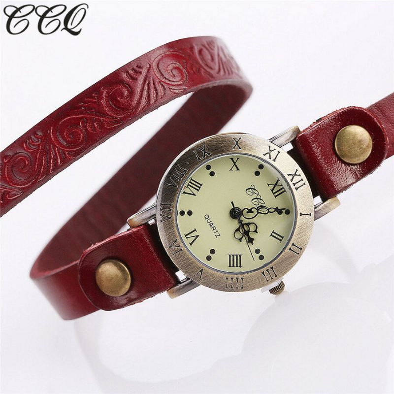 Vintage Retro-stil Damen Quarzuhr Rindsleder Geknickt Römische Ziffer Leder Kreis Armbanduhr