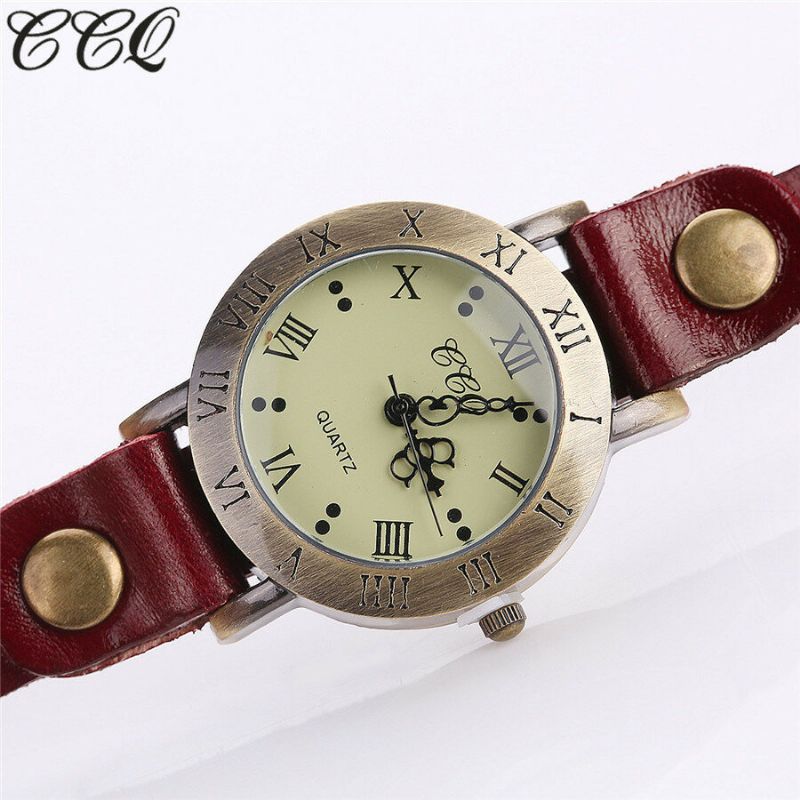 Vintage Retro-stil Damen Quarzuhr Rindsleder Geknickt Römische Ziffer Leder Kreis Armbanduhr