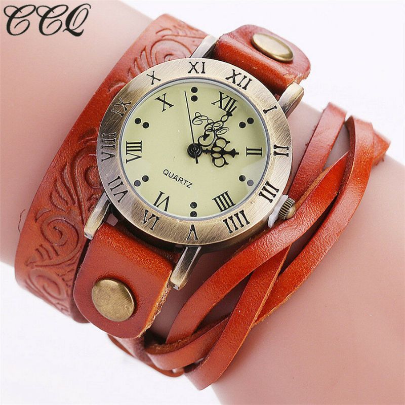 Vintage Retro-stil Damen Quarzuhr Rindsleder Geknickt Römische Ziffer Leder Kreis Armbanduhr