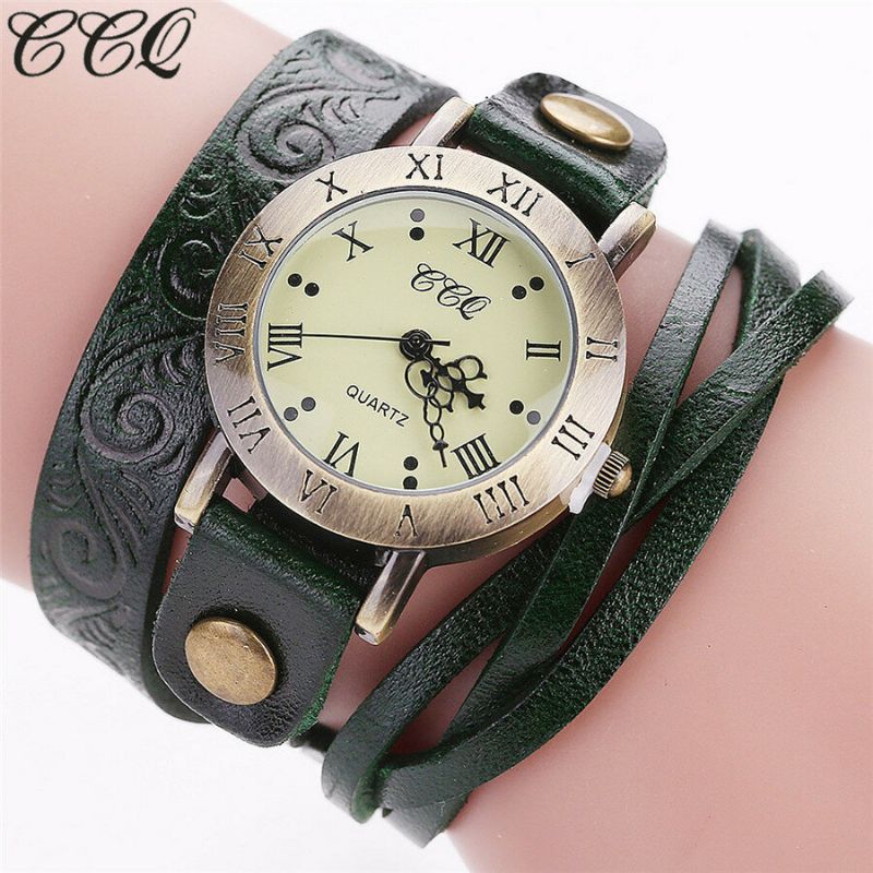 Vintage Retro-stil Damen Quarzuhr Rindsleder Geknickt Römische Ziffer Leder Kreis Armbanduhr