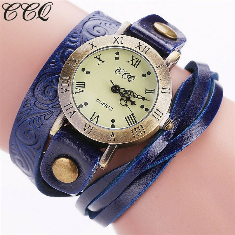 Vintage Retro-stil Damen Quarzuhr Rindsleder Geknickt Römische Ziffer Leder Kreis Armbanduhr