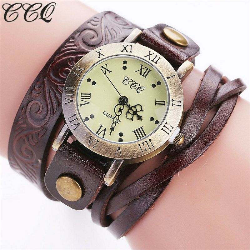 Vintage Retro-stil Damen Quarzuhr Rindsleder Geknickt Römische Ziffer Leder Kreis Armbanduhr