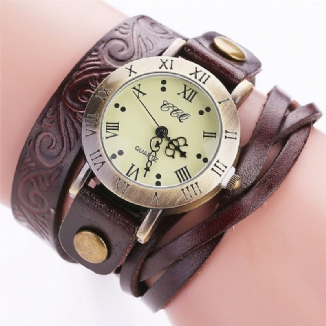 Vintage Retro-stil Damen Quarzuhr Rindsleder Geknickt Römische Ziffer Leder Kreis Armbanduhr