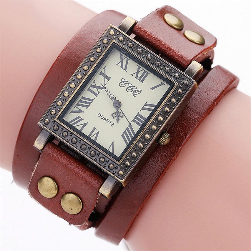 Vintage Retro Style Herrenuhr Rechteckiges Zifferblatt Verstellbares Lederband Zwei Schließe Damen Quarzuhr