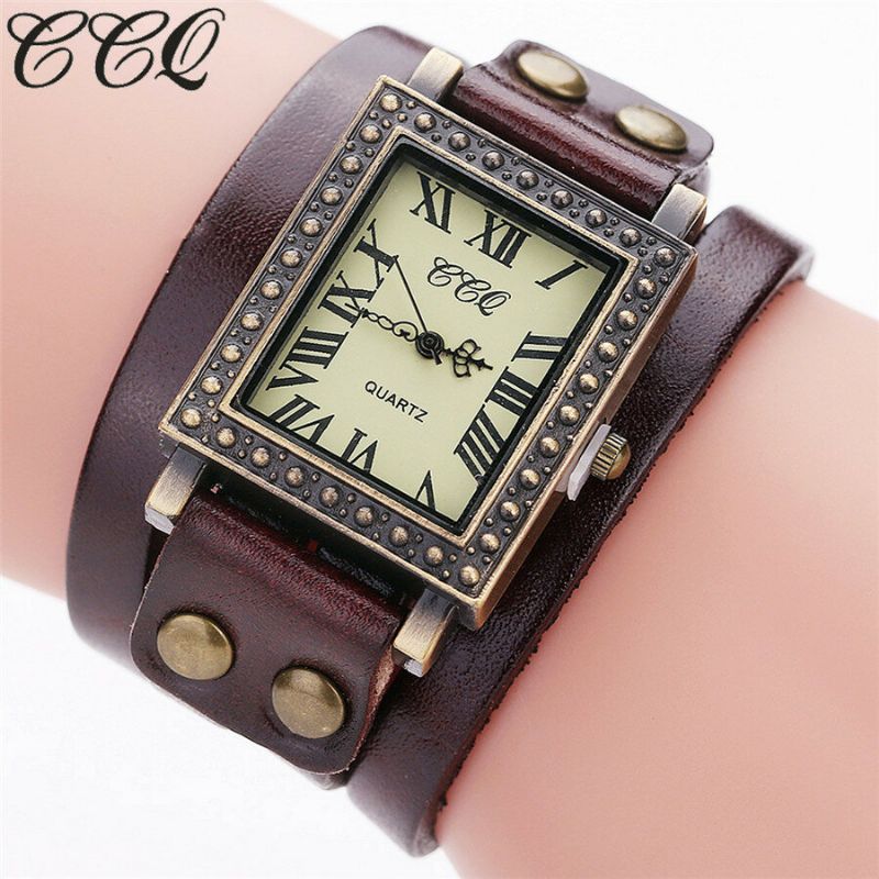 Vintage Retro Style Herrenuhr Rechteckiges Zifferblatt Verstellbares Lederband Zwei Schließe Damen Quarzuhr