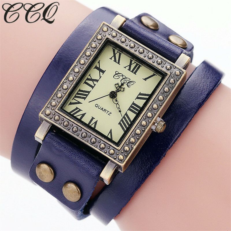 Vintage Retro Style Herrenuhr Rechteckiges Zifferblatt Verstellbares Lederband Zwei Schließe Damen Quarzuhr