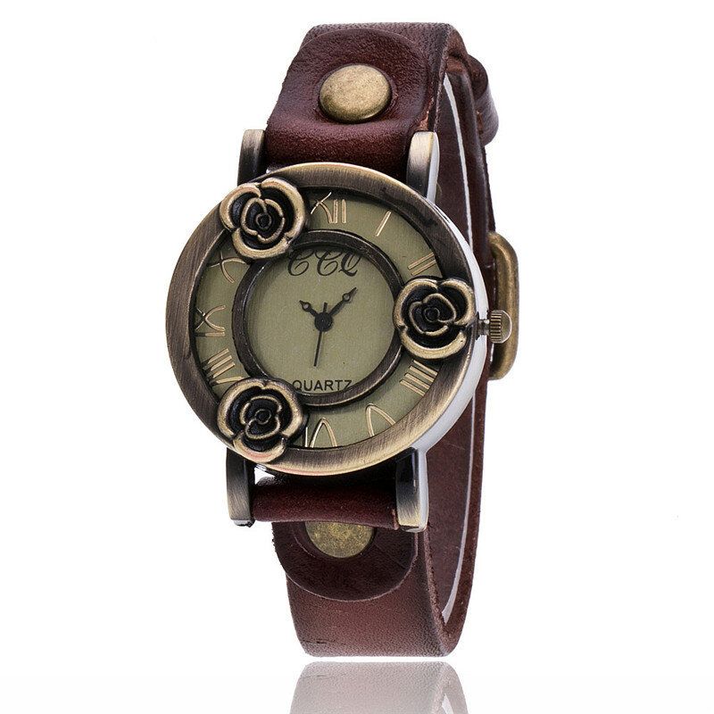 Weinlese-dünne Band-frauen-armbanduhr-drei Rosen-hohle Vorwahlknopf-quarz-uhr