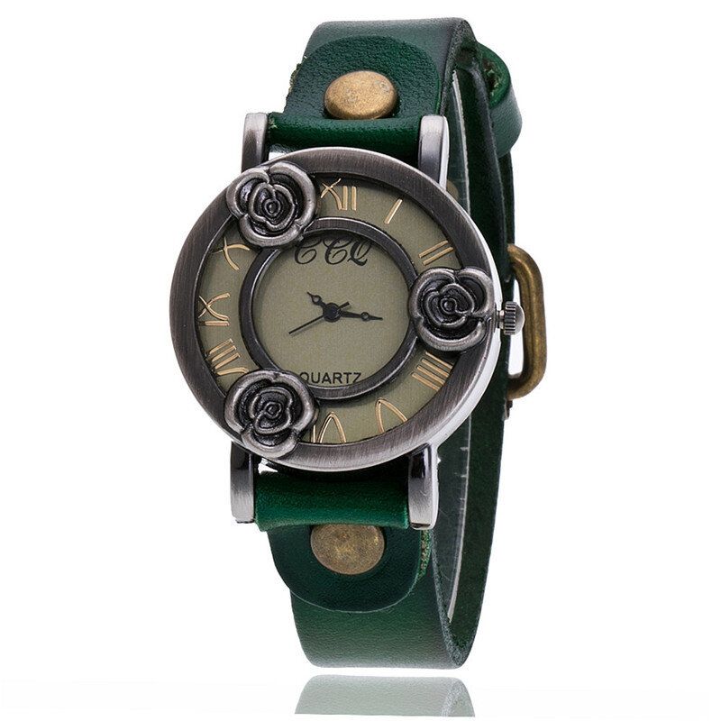 Weinlese-dünne Band-frauen-armbanduhr-drei Rosen-hohle Vorwahlknopf-quarz-uhr