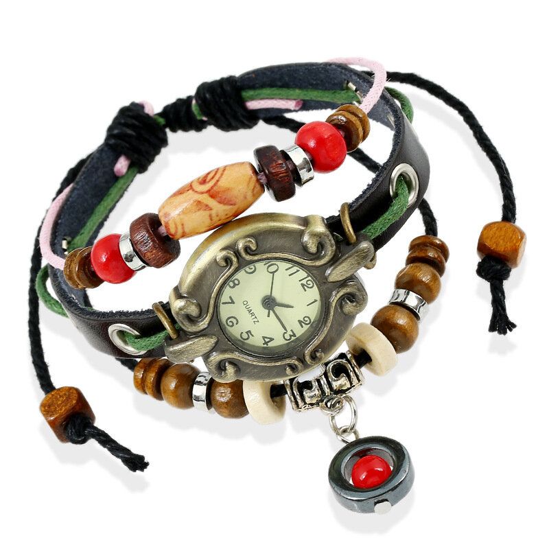 Weinlese-mehrschichtige Justierbare Länge Echtes Leder-frauen-quarz-uhr-wulstige Armband-uhr