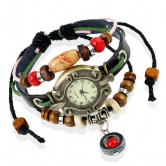 Weinlese-mehrschichtige Justierbare Länge Echtes Leder-frauen-quarz-uhr-wulstige Armband-uhr