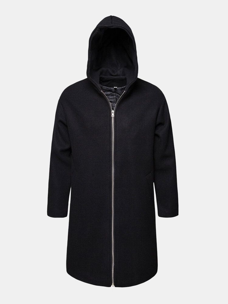 Schwarzer Warmer Mittellanger Trenchcoat Mit Reißverschluss Und Kapuze Für Herren