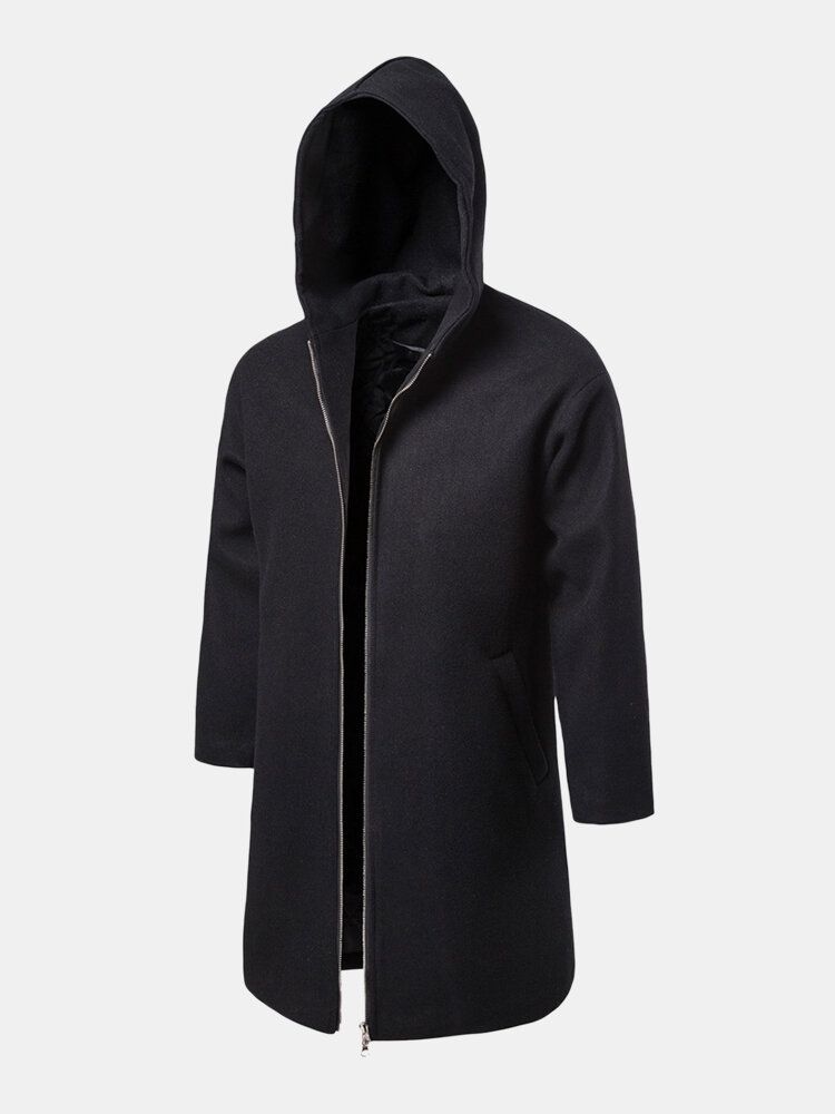 Schwarzer Warmer Mittellanger Trenchcoat Mit Reißverschluss Und Kapuze Für Herren