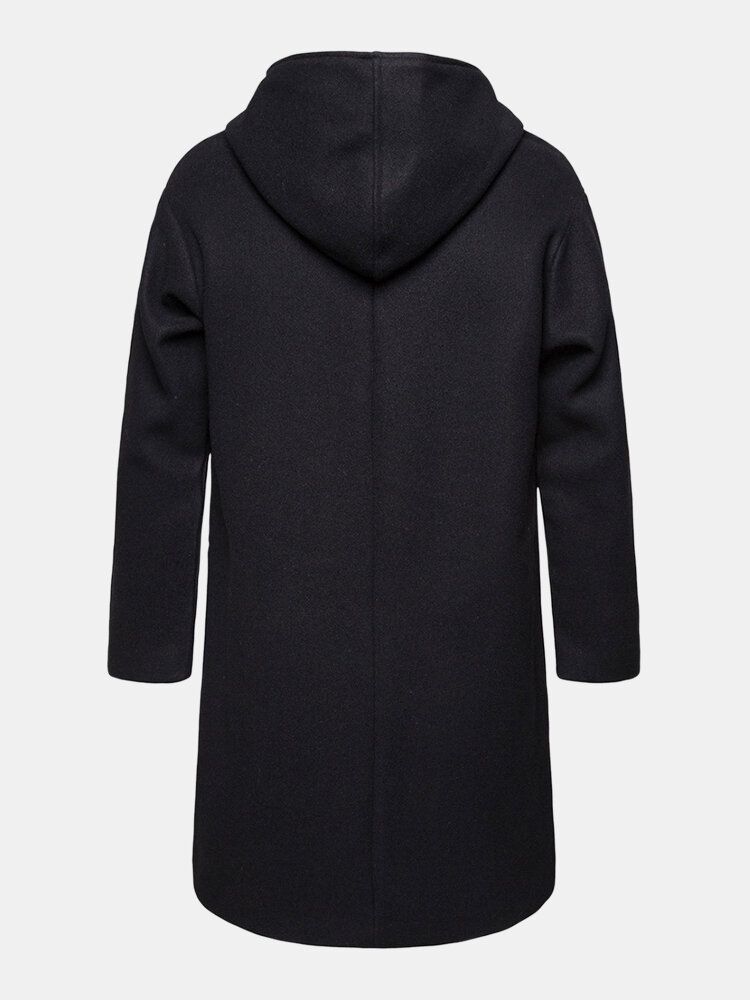 Schwarzer Warmer Mittellanger Trenchcoat Mit Reißverschluss Und Kapuze Für Herren