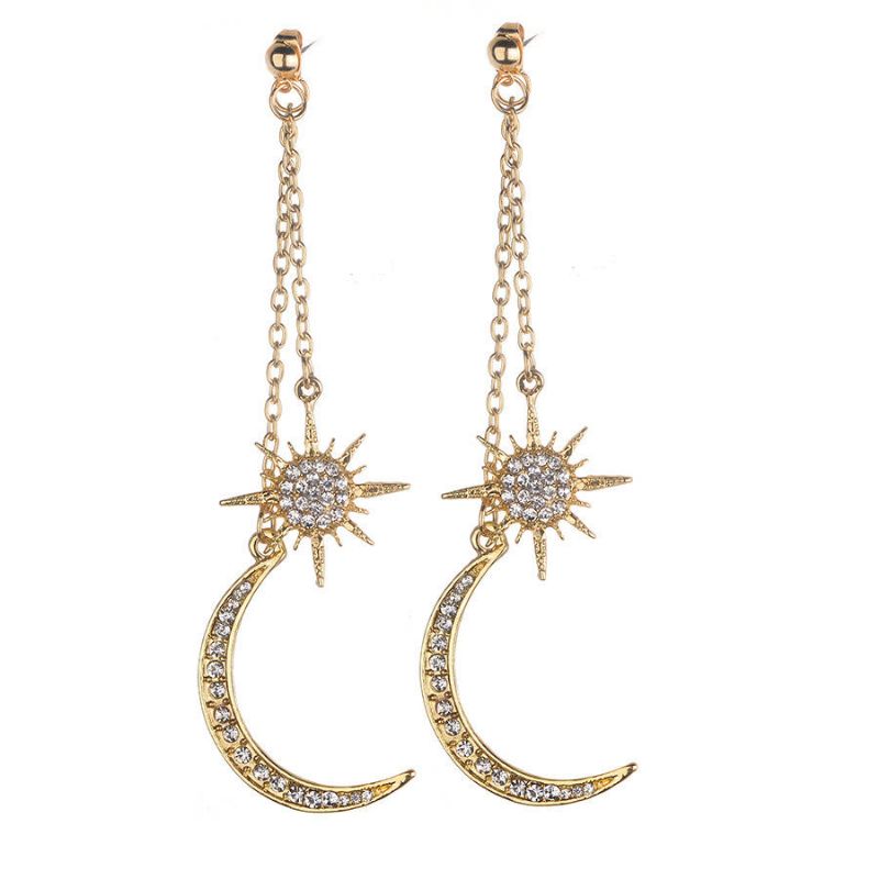 Bohemian Style Full Strass Ohrringe Shiny Moon Star Long Ear Drop Ohrring Für Damen