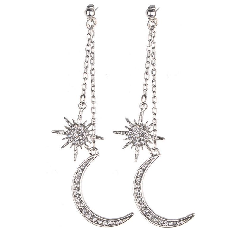 Bohemian Style Full Strass Ohrringe Shiny Moon Star Long Ear Drop Ohrring Für Damen