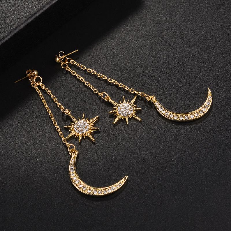 Bohemian Style Full Strass Ohrringe Shiny Moon Star Long Ear Drop Ohrring Für Damen