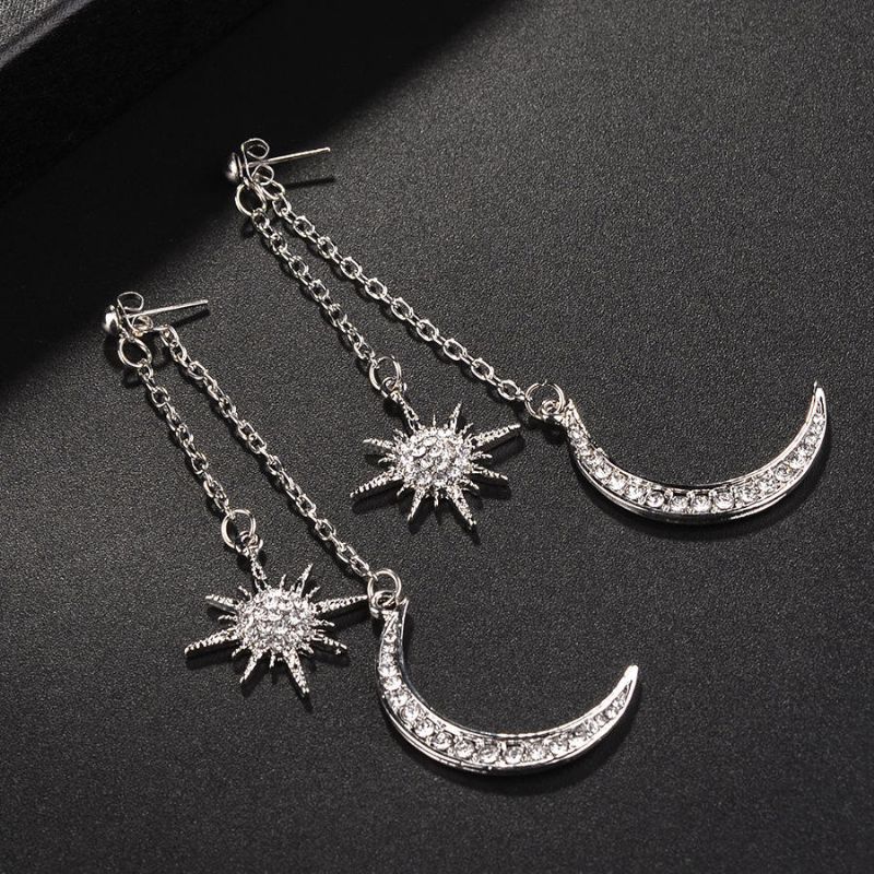 Bohemian Style Full Strass Ohrringe Shiny Moon Star Long Ear Drop Ohrring Für Damen